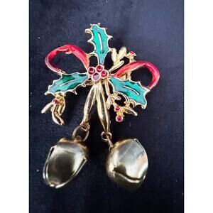 Vintage Enamel Holly & Ribbon Christmas Brooch with Dangling Bells 2x3” CP128